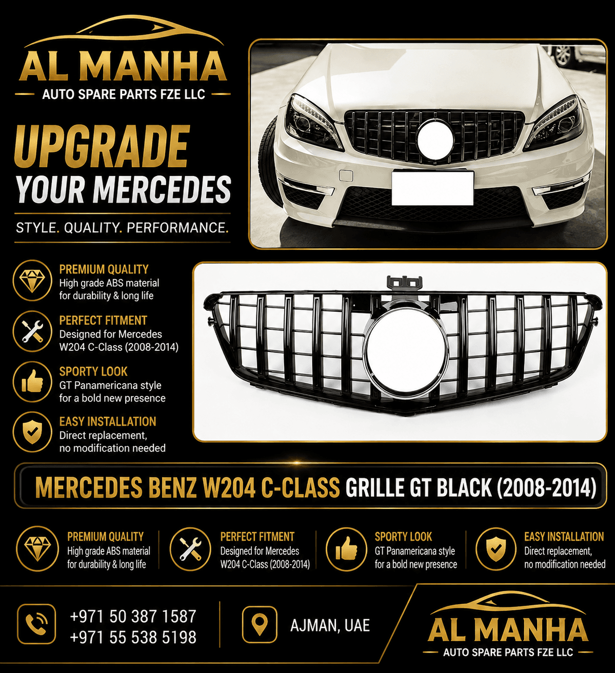 MERCEDES BENZ W204 C-CLASS GRILLE GT BLACK (2008-2014)