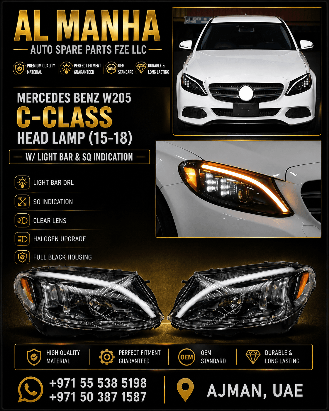 MERCEDES BENZ W205 C-CLASS HEAD LAMP (15-18), W_ LIGHT BAR & SQ INDICATION, CLEAR LENS_FULL BLACK HOUSING, HALOGEN UPGRADE