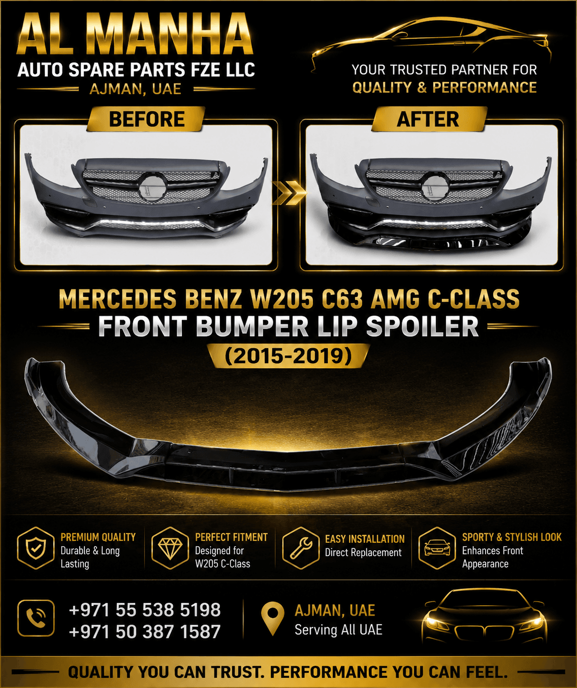 MERCEDES BENZ W205 C63 AMG C-CLASS FRONT BUMPER LIP SPOILER (2015-2019)