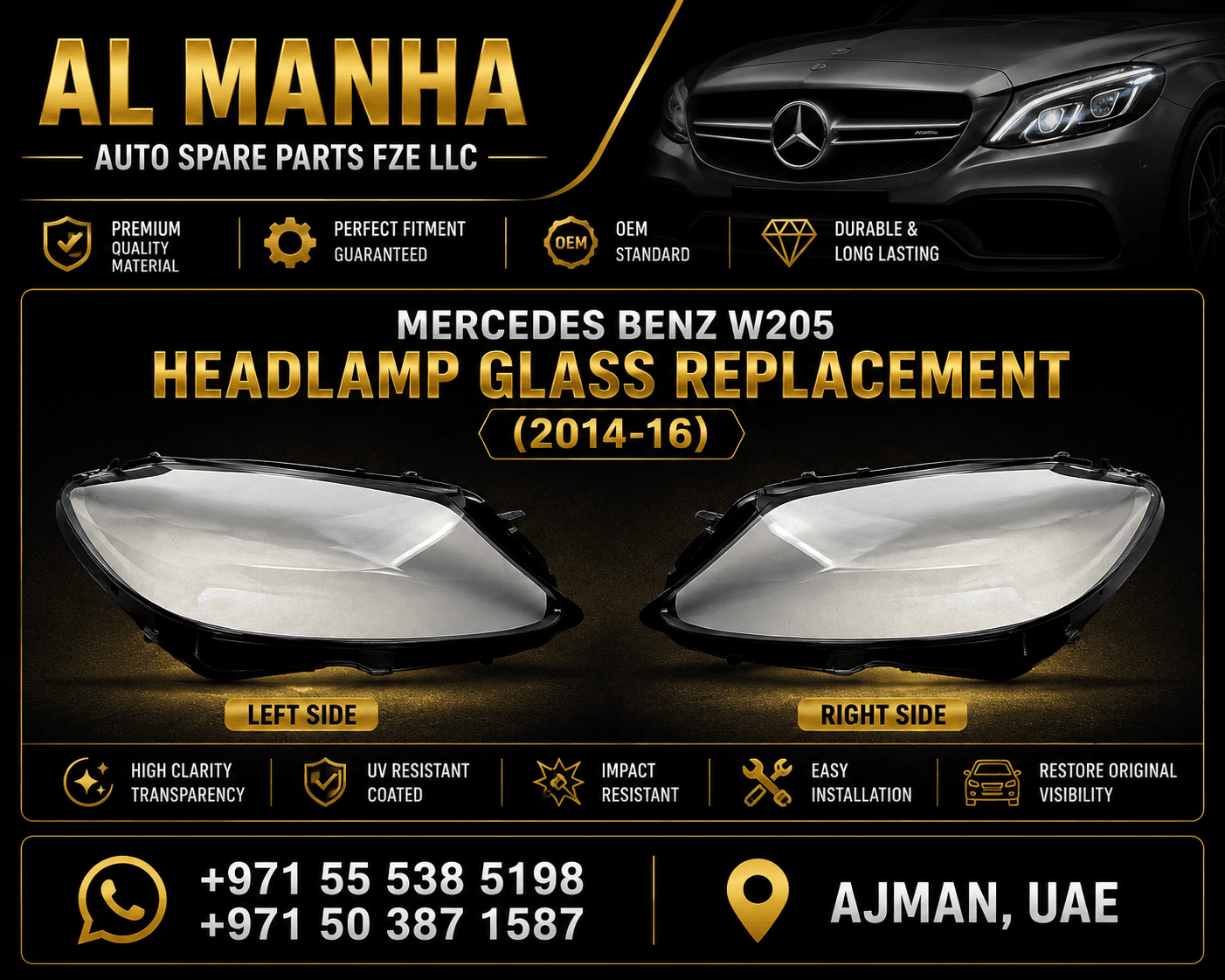 MERCEDES BENZ W205 HEADLAMP GLASS REPLACEMENT(2014-16)