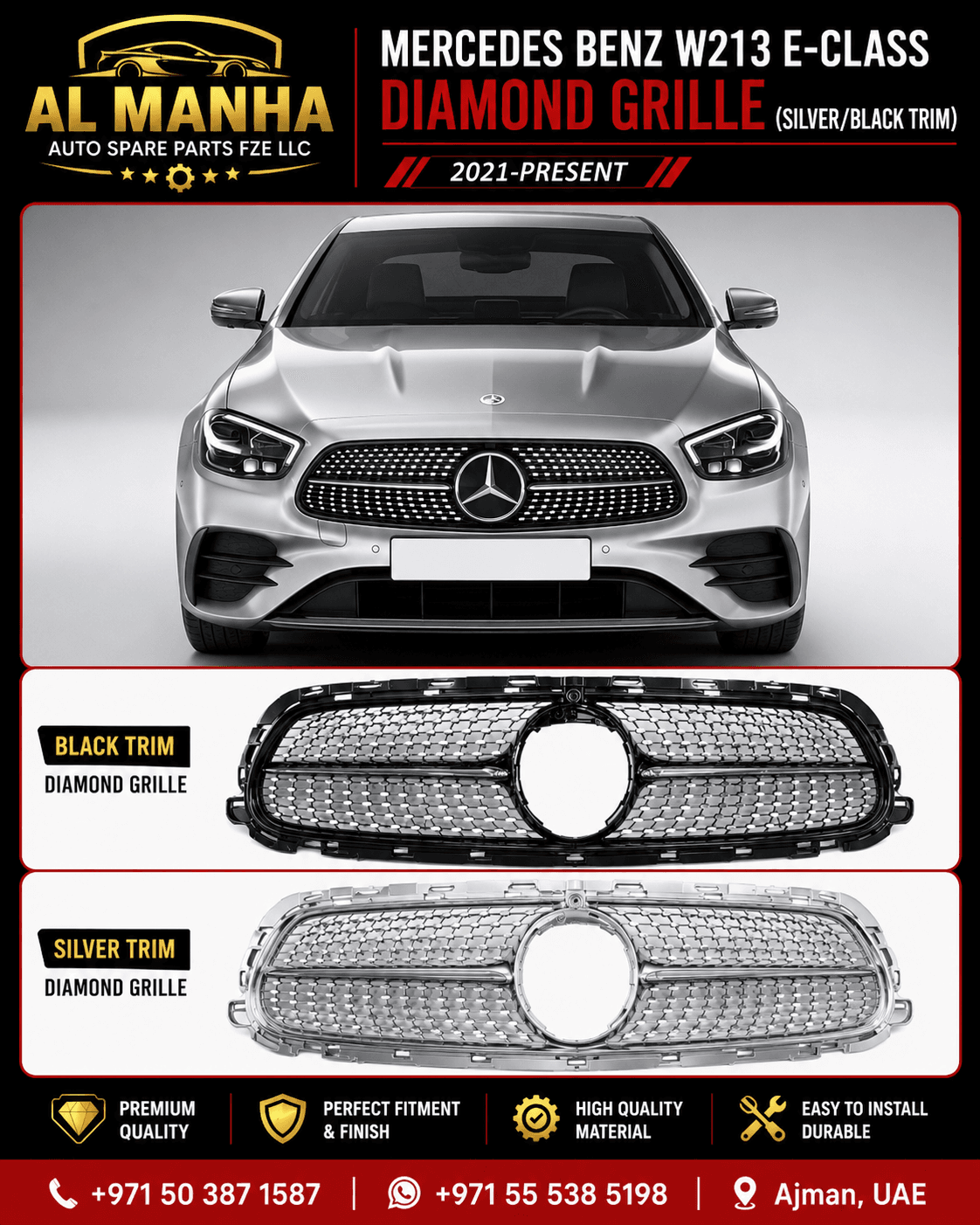MERCEDES BENZ W213 E-CLASS DIAMOND GRILLE (SILVER_BLACK TRIM) (2021-PRESENT)
