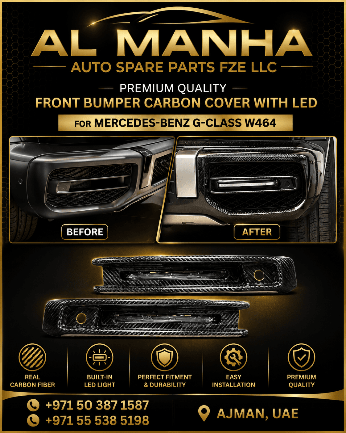 MERCEDES-BENZ G-CLASS W464 FRONT BUMPER CARBON COVER WITH LED