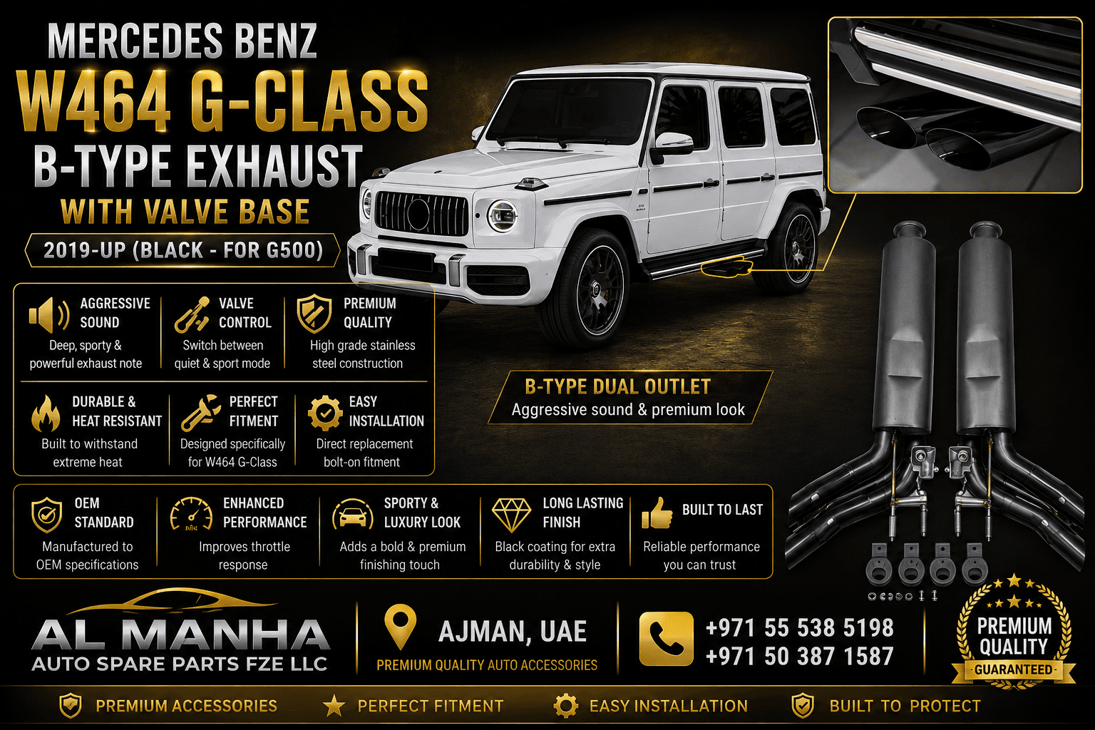 MERCEDES BENZ W464 G-CLASS B-TYPE EXHAUST WITH VALVE BASE 2019-UP (BLACK - FOR G500)