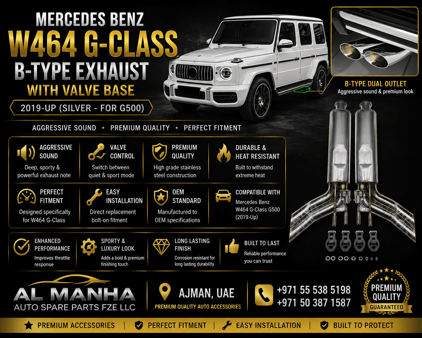 MERCEDES BENZ W464 G-CLASS B-TYPE EXHAUST WITH VALVE BASE 2019-UP (SILVER - FOR G500)
