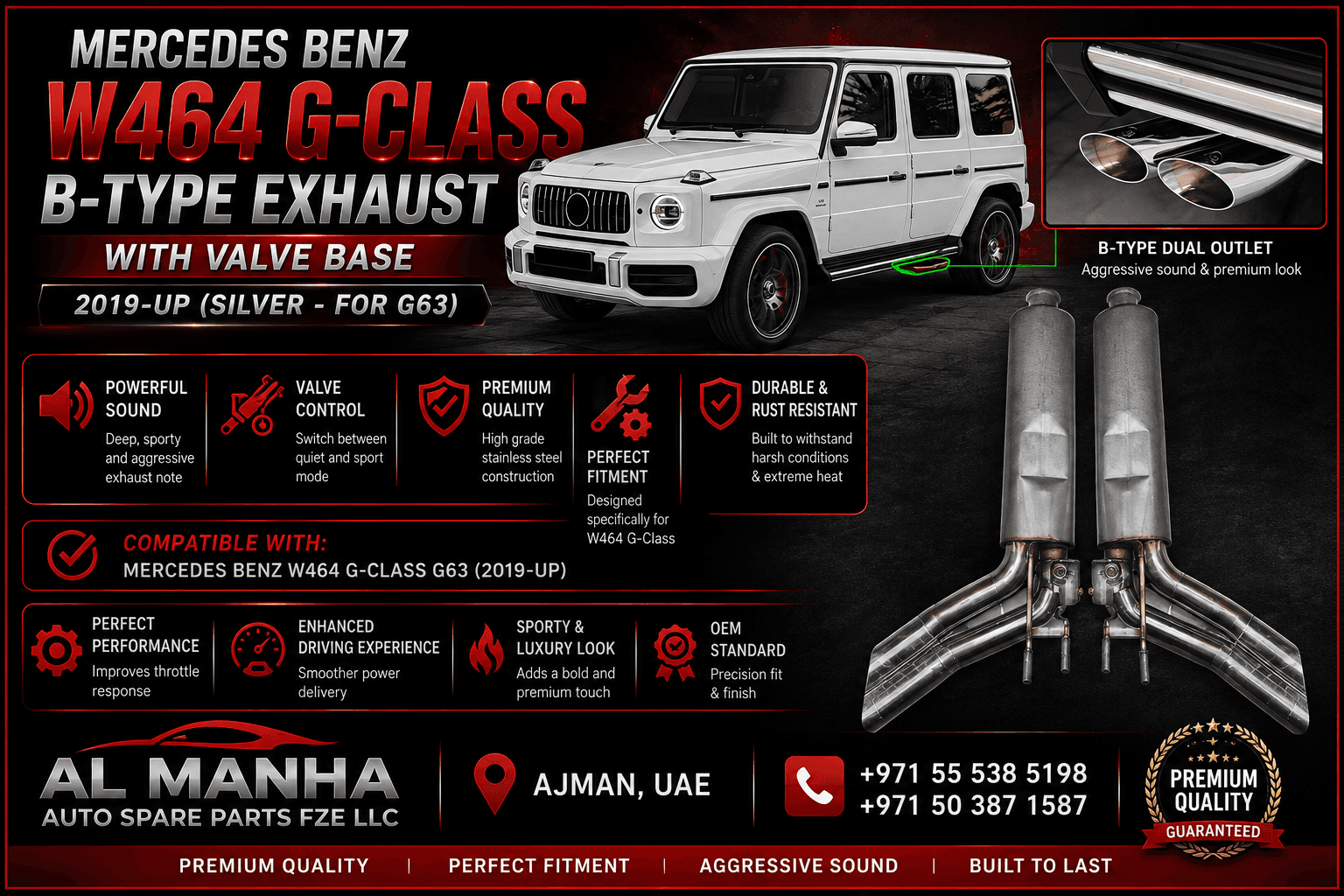 MERCEDES BENZ W464 G-CLASS B-TYPE EXHAUST WITH VALVE BASE 2019-UP (SILVER - FOR G63)