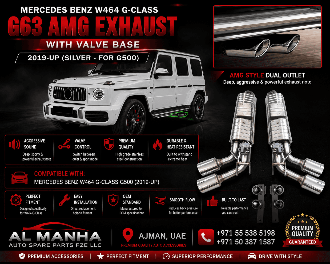 MERCEDES BENZ W464 G-CLASS G63 AMG EXHAUST WITH VALVE BASE 2019-UP (SILVER - FOR G500)