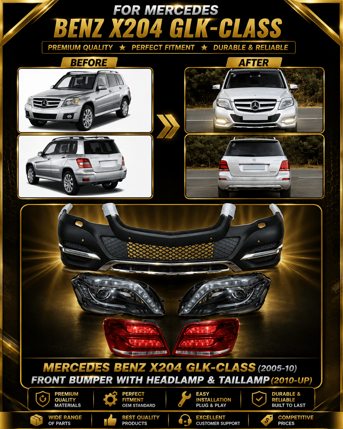 MERCEDES BENZ X204 GLK-CLASS(2005-10) FRONT BUMPER WITH HEADLAMP&TAILLAMP(2010-UP)