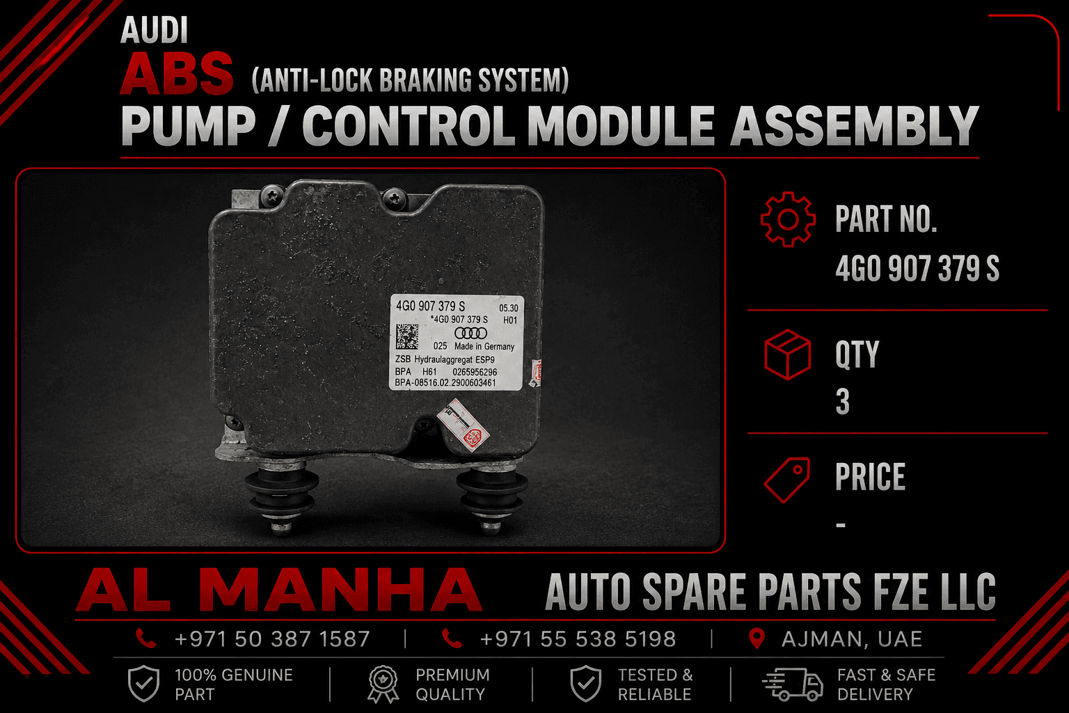 Audi ABS (Anti-lock Braking System) Pump _ Control Module assembly. Prt NO. - 4GO 907 379 S