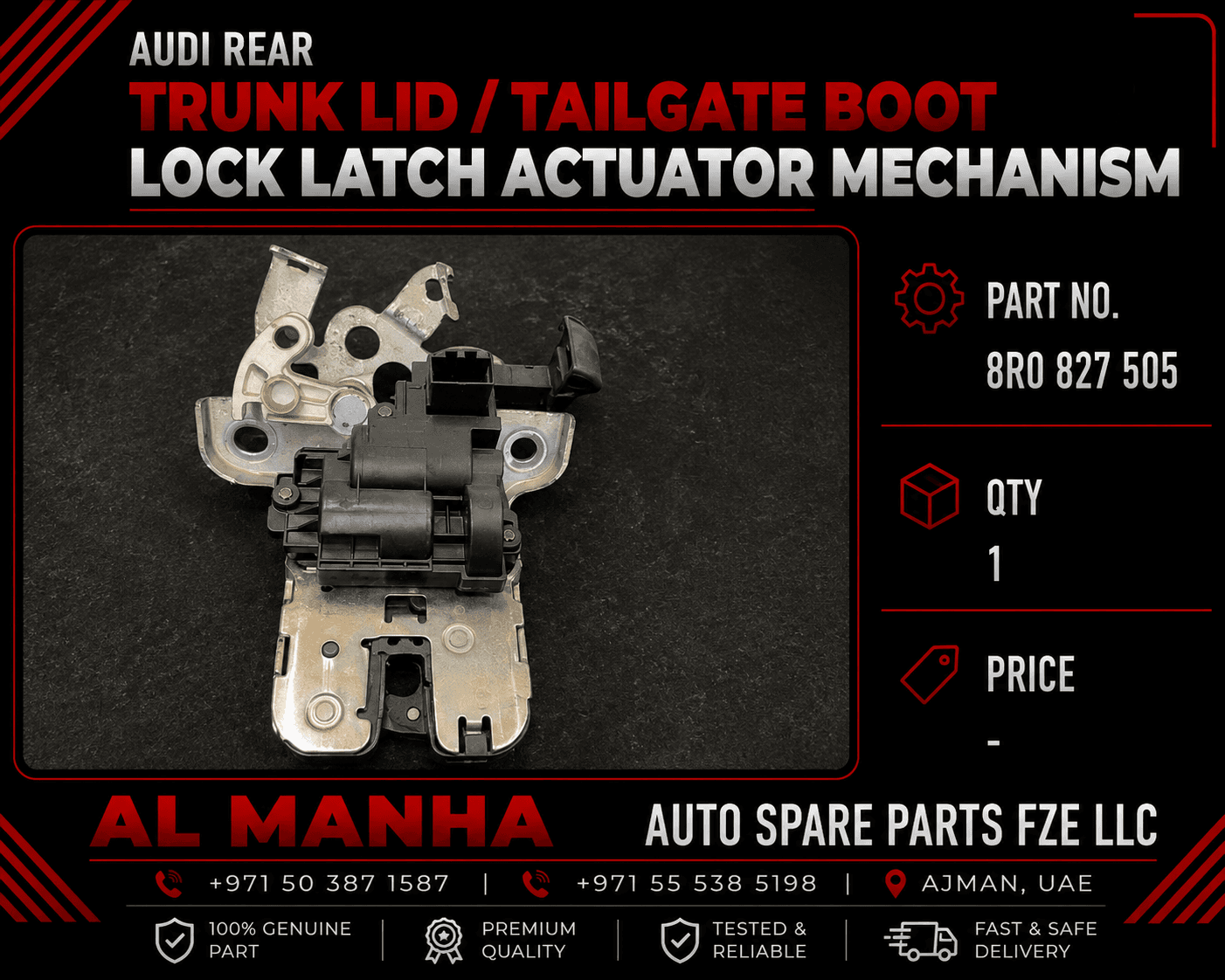 Audi Rear Trunk Lid _ Tailgate Boot Lock Latch Actuator Mechanism. PART NO _ 8RO 827 505