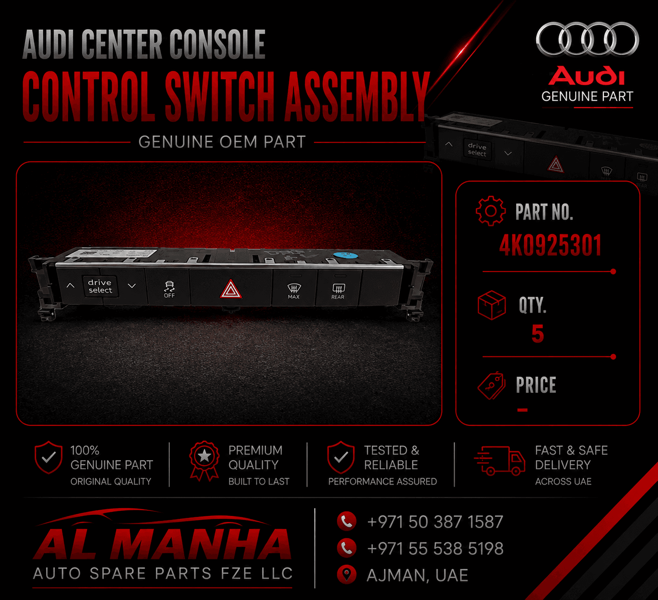 Audi center console control switch assembly