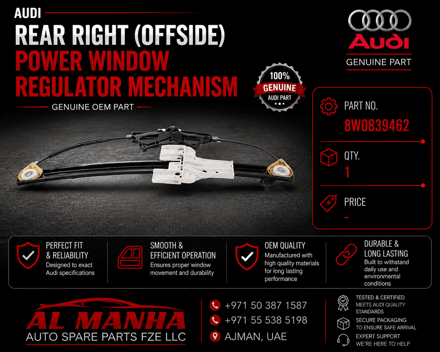 Audi rear right (offside) power window regulator mechanism