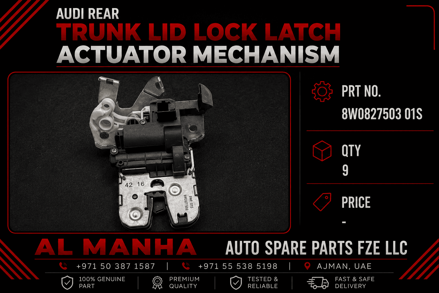 Audi rear trunk lid lock latch actuator mechanism Prt no. 8W0827503 01S