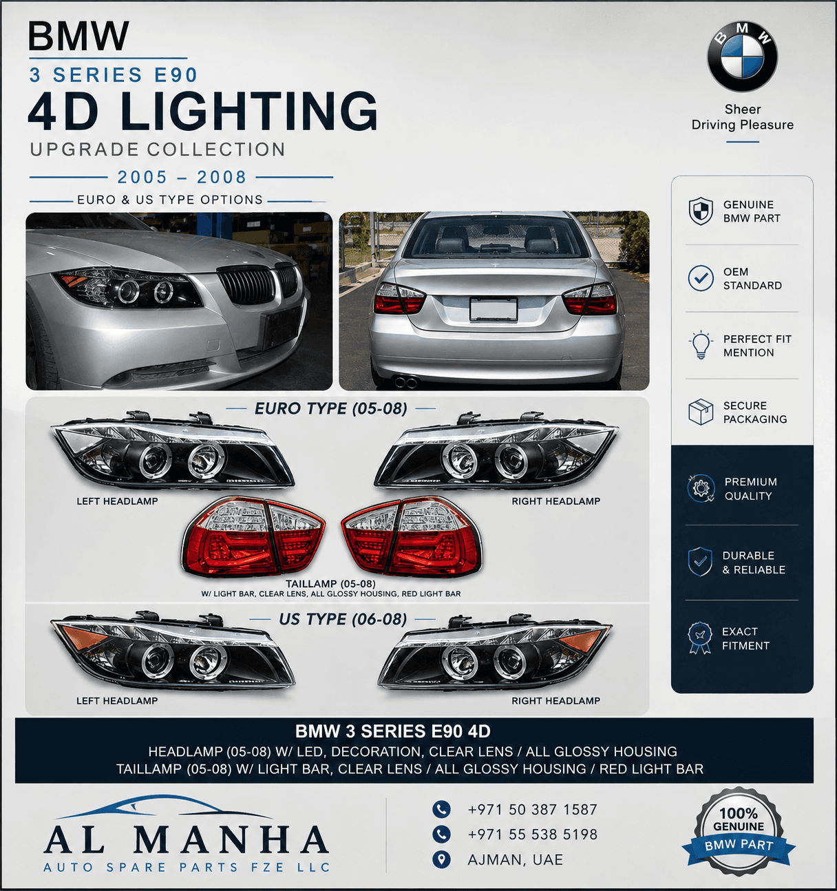 BMW 3 SERIES E90 4D HEADLAMP(05-08) W_LED, DECORATION,CLEAR LENS_ALL GLOSSY HOUSING TAILLAMP(05-08) W_LIGHT BAR,CLEAR LENS_ALL GLOSSY HOUSING_RED LIGHT BAR
