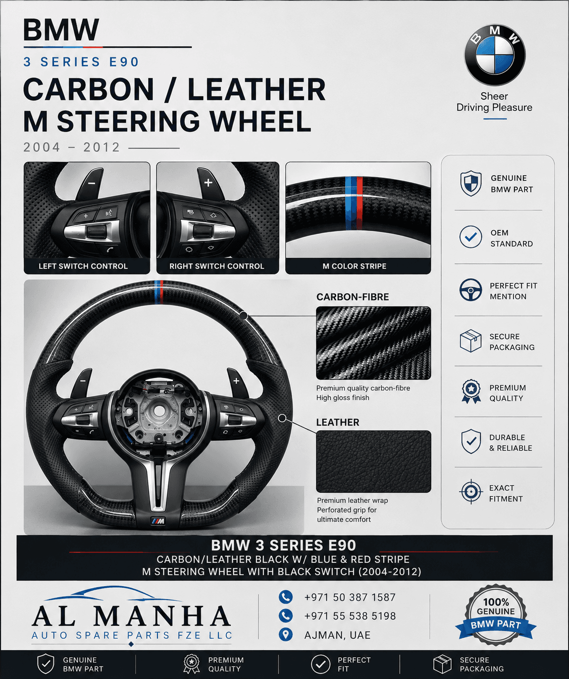 BMW 3 SERIES E90 CARBON_LEATHER BLACK W_BLUE & RED STRIPE BLACK SWITCH M STEERING WHEEL (2004-2012)