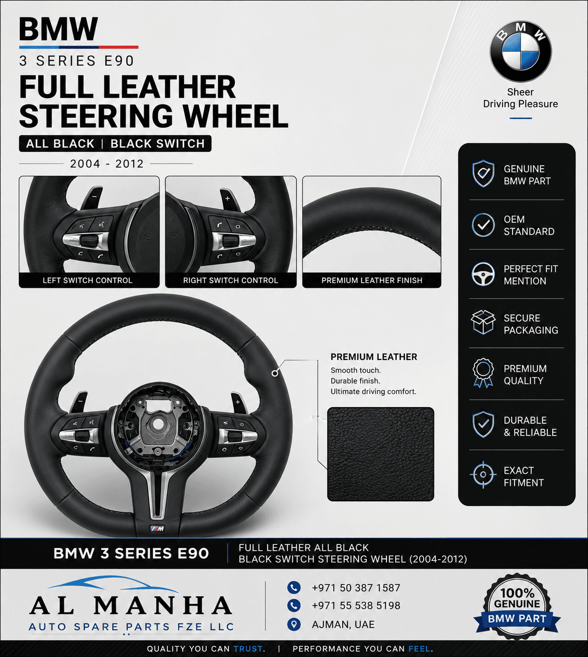 BMW 3 SERIES E90 FULL LEATHER ALL BLACK BLACK SWITCH STEERING WHEEL (2004-2012)
