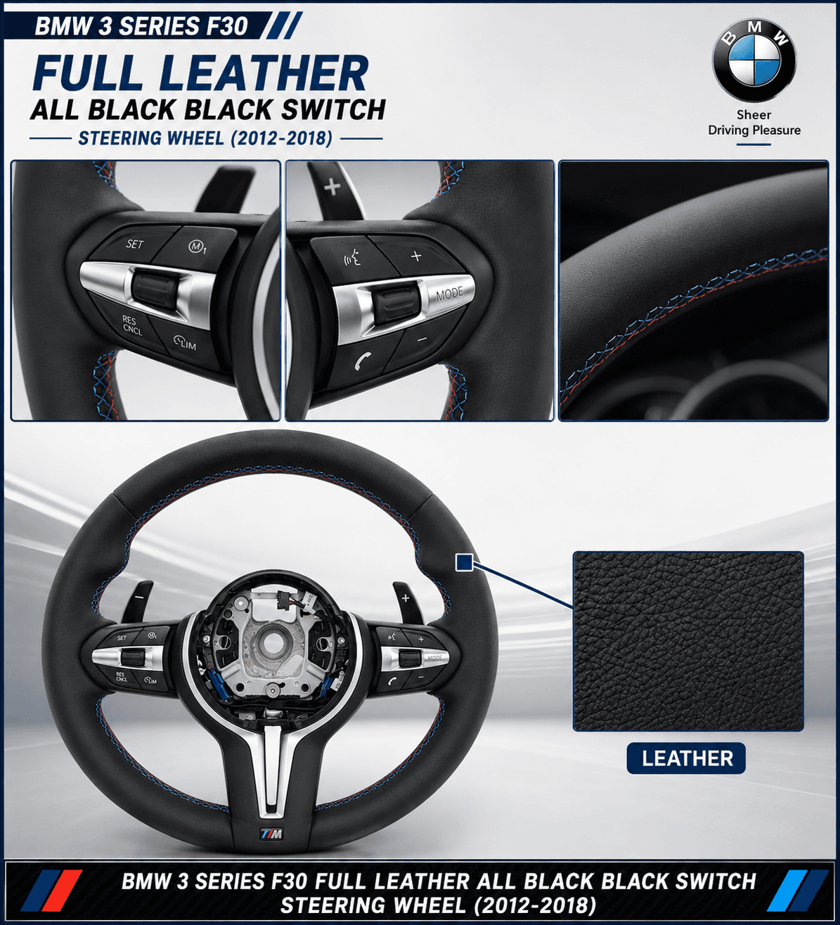 BMW 3 SERIES F30 FULL LEATHER ALL BLACK BLACK SWITCH STEERING WHEEL (2012-2018)