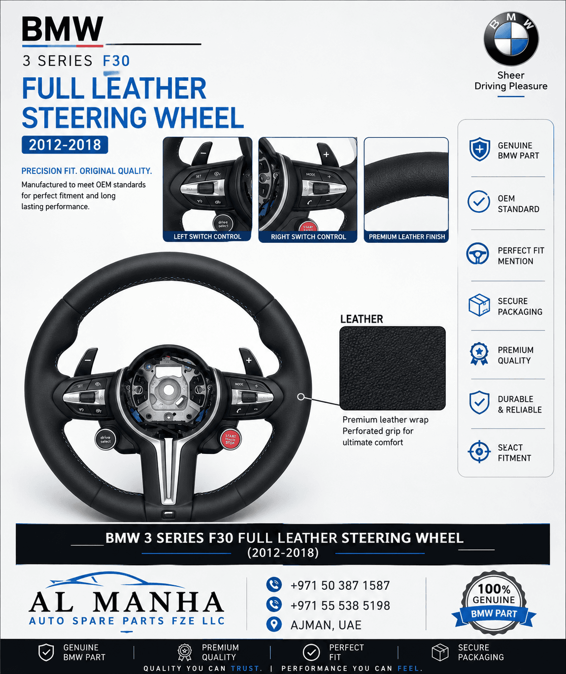 BMW 5 SERIES F30 FULL LEATHER ALL BLACK BLACK SWITCH STEERING WHEEL W_START BUTTON (2012-2018)
