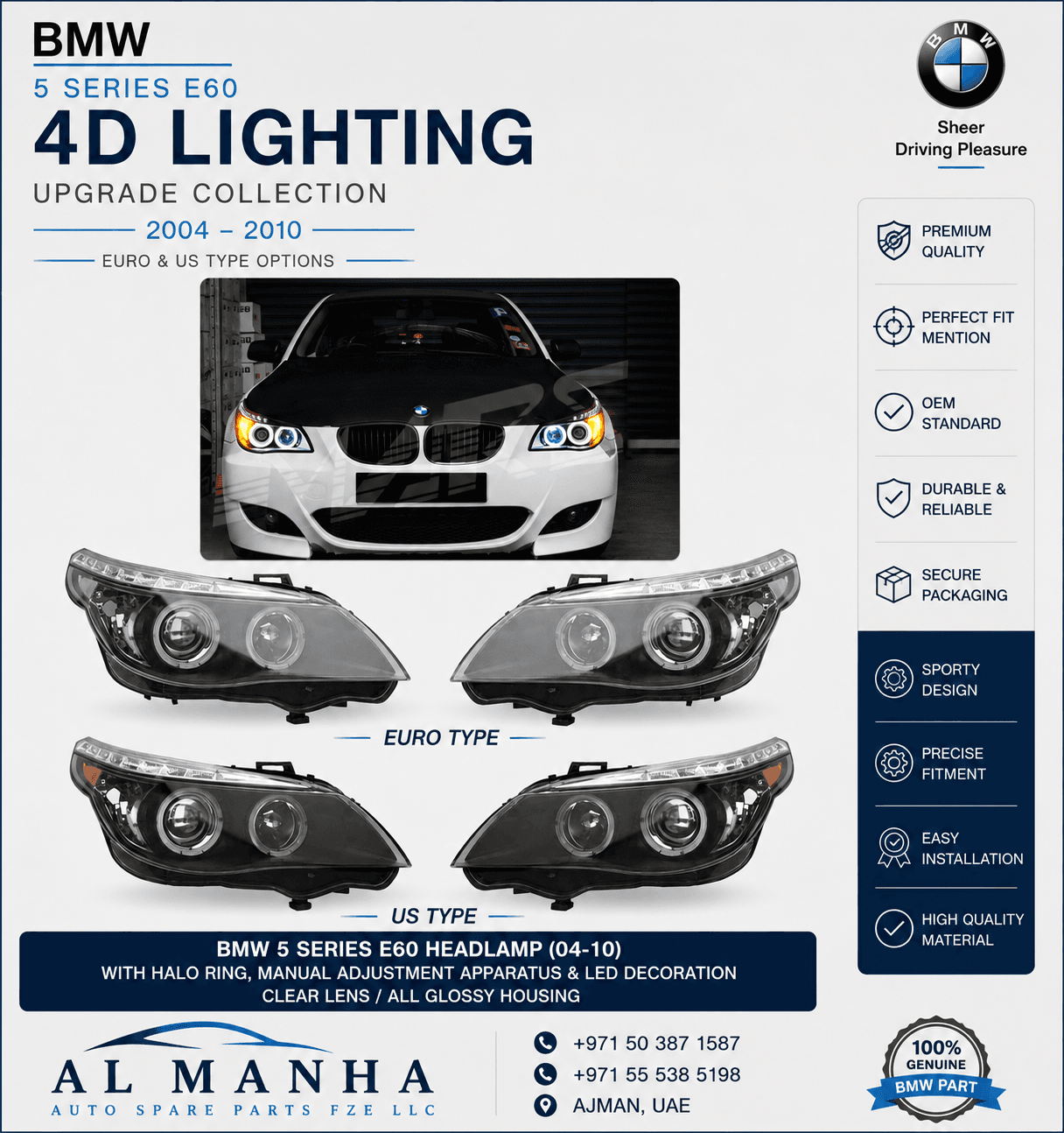 BMW 5 SERIES E60 HEADLAMP(04-10) WITH HALO RING, MANUAL ADJUSTMENT APPARATUS & LED DECORATION CLEAR LENS_ALL GLOSSY HOUSING