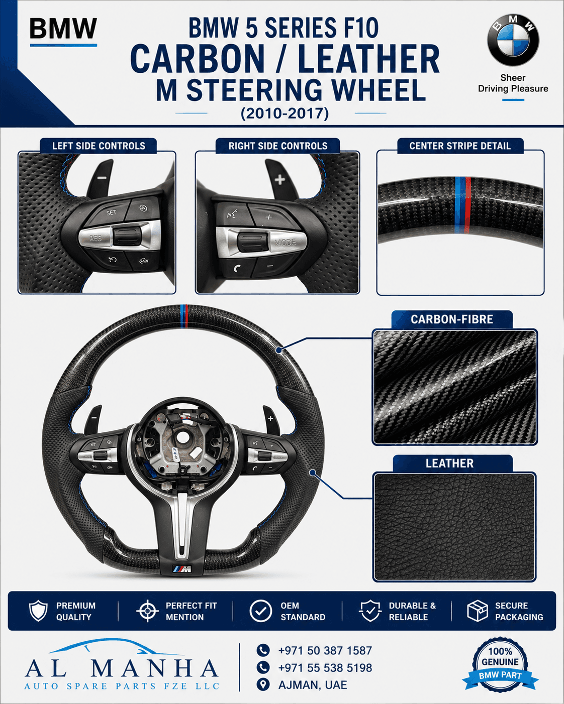 BMW 5 SERIES F10 CARBON_LEATHER BLACK W_BLUE & RED STRIPE BLACK SWITCH M STEERING WHEEL (2010-2017)
