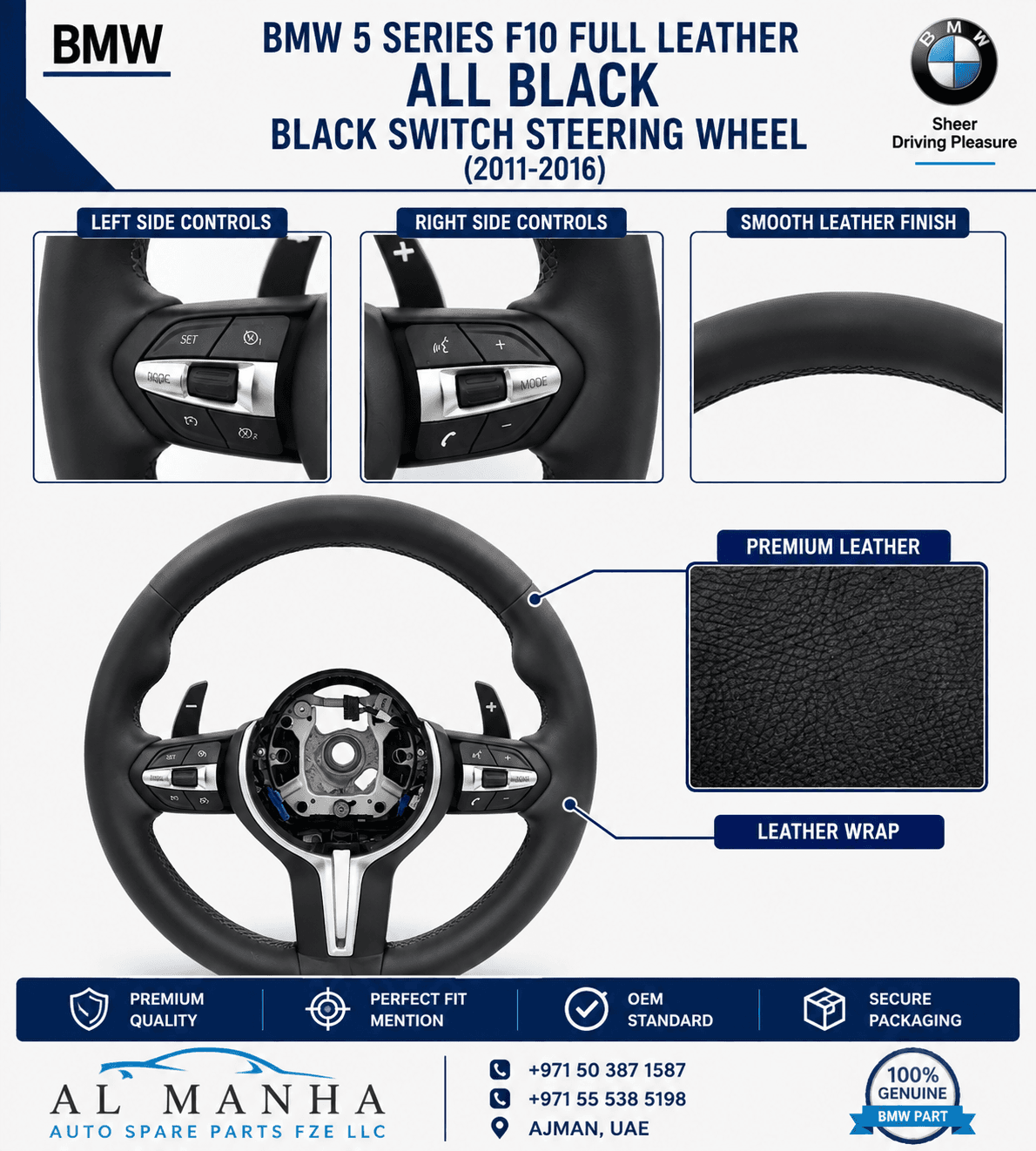 BMW 5 SERIES F10 FULL LEATHER ALL BLACK BLACK SWITCH STEERING WHEEL (2011-2016)