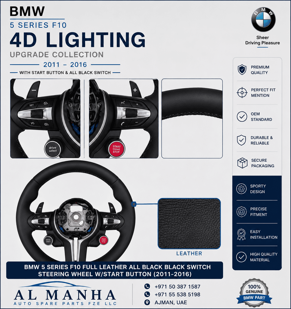 BMW 5 SERIES F10 FULL LEATHER ALL BLACK BLACK SWITCH STEERING WHEEL W_START BUTTON (2011-2016)