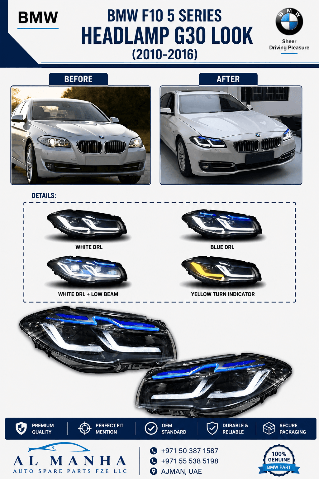 BMW F10 5 SERIES HEADLAMP G30 LOOK (2010-2016)