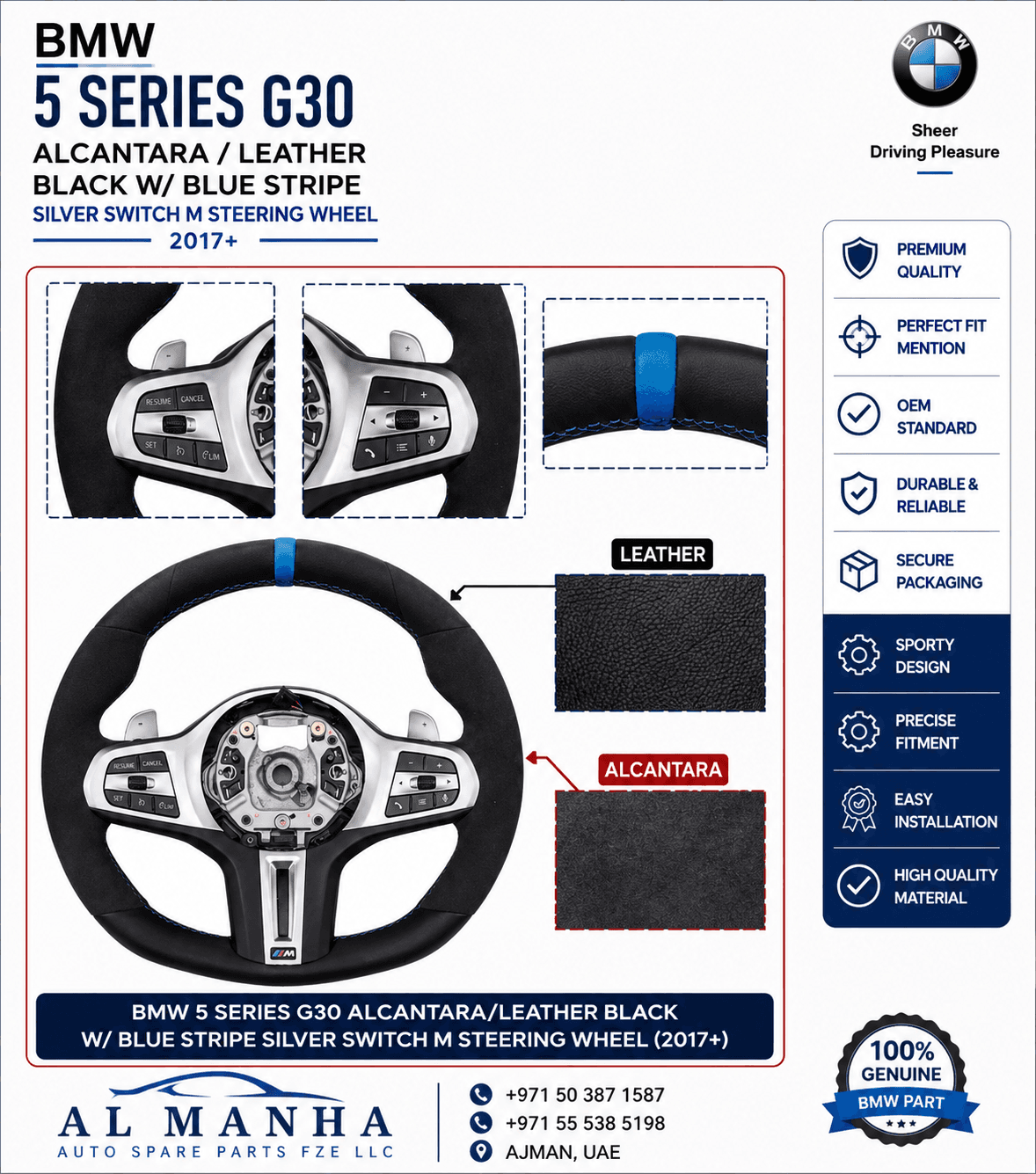 BMW 5 SERIES G30 ALCANTARA_LEATHER BLACK W_BLUE STRIPE SILVER SWITCH M STEERING WHEEL (2017+)