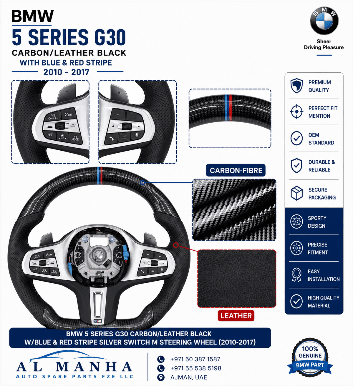 BMW 5 SERIES G30 CARBON_LEATHER BLACK W_BLUE & RED STRIPE SILVER SWITCH M STEERING WHEEL (2010-2017)
