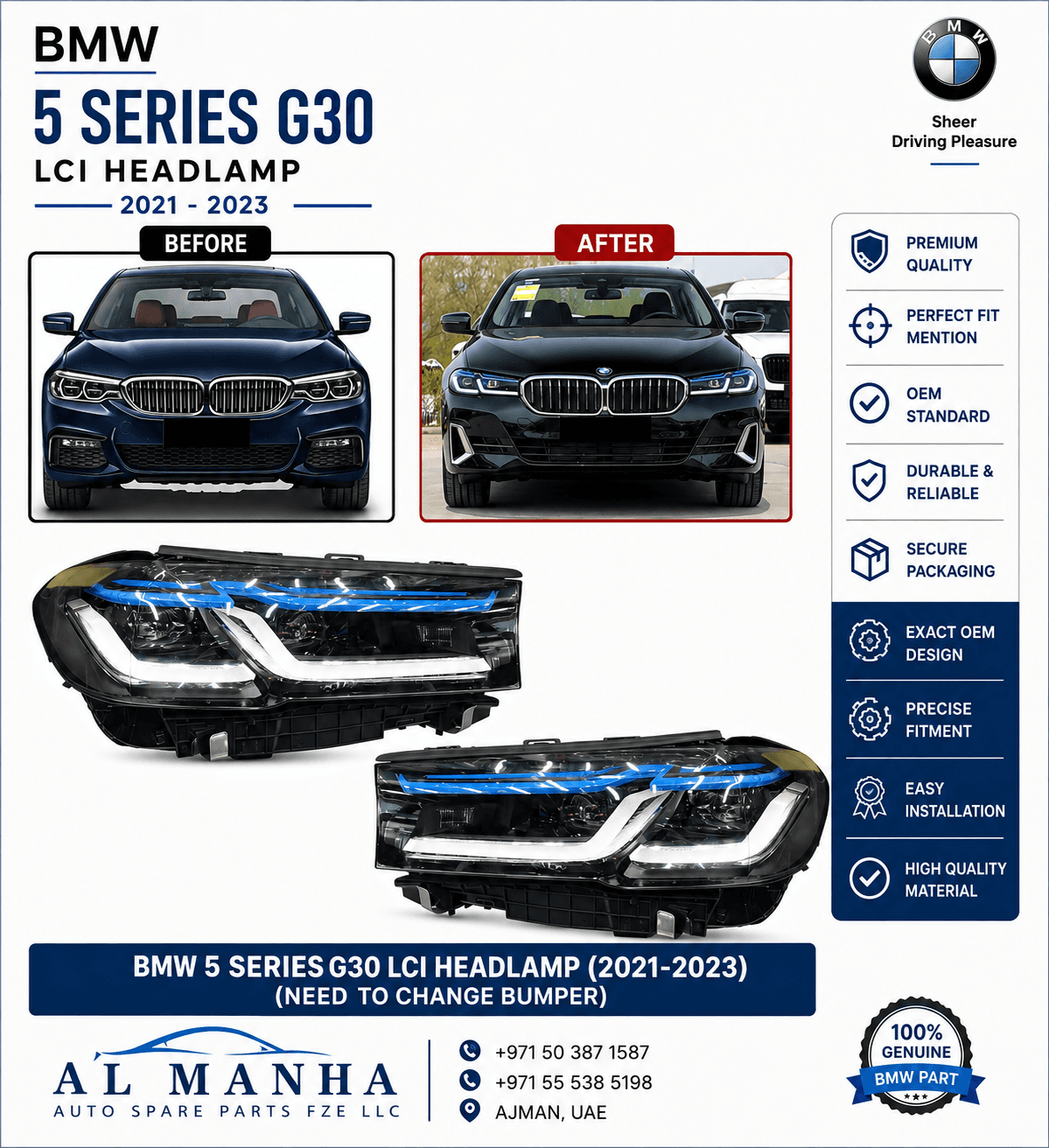 BMW 5 SERIES G30 LCI HEADLAMP (2021-2023) (NEED TO CHANGE BUMPER)