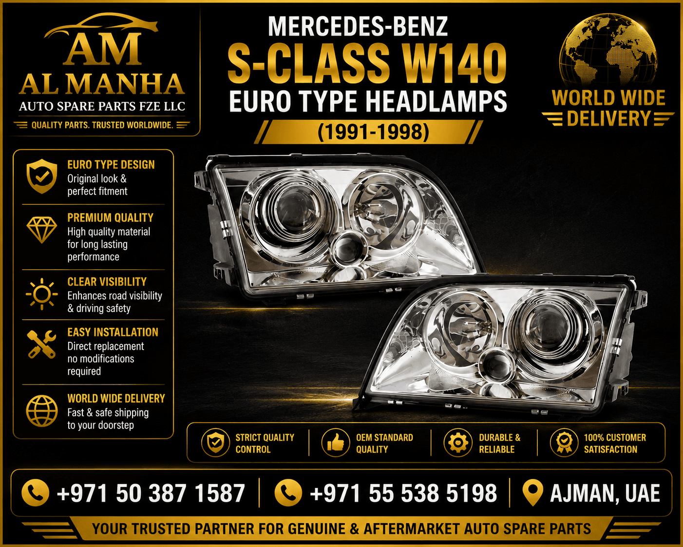 MERCEDES-BENZ S-CLASS W140 EURO TYPE HEADLAMPS (1991-1998) - Mercedes-Benz S-Class
