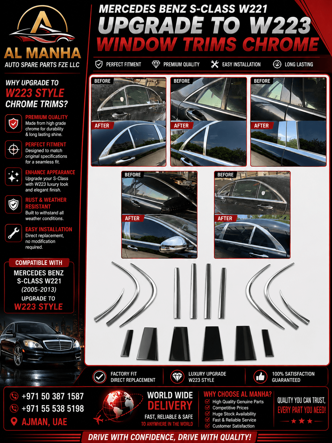 MERCEDES BENZ S-CLASS W221 UPGRADE TO W223 WINDOW TRIMS CHROME - Mercedes-Benz S-Class